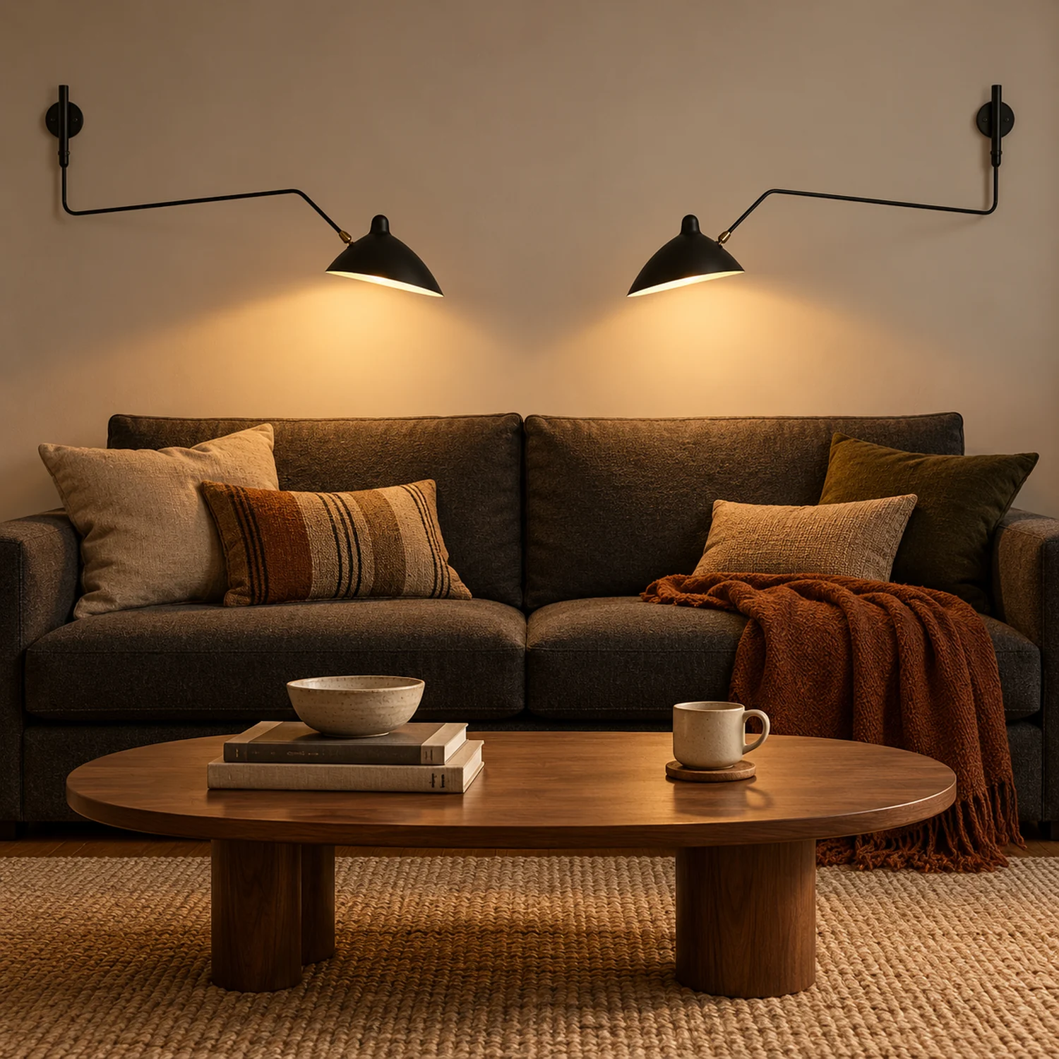 Two black one-head wall lamps above a sofa
