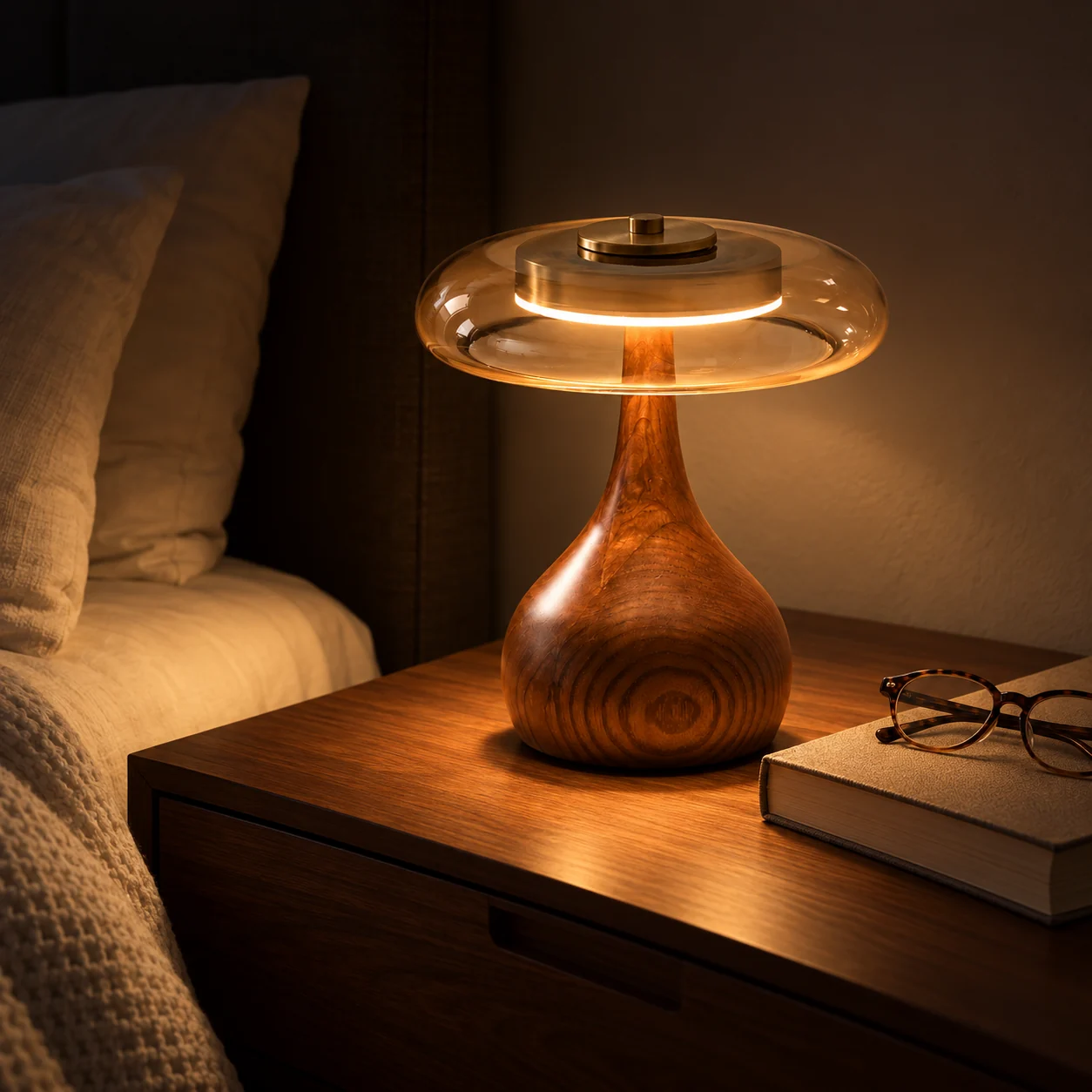 Short table lamp glowing on a nightstand at night