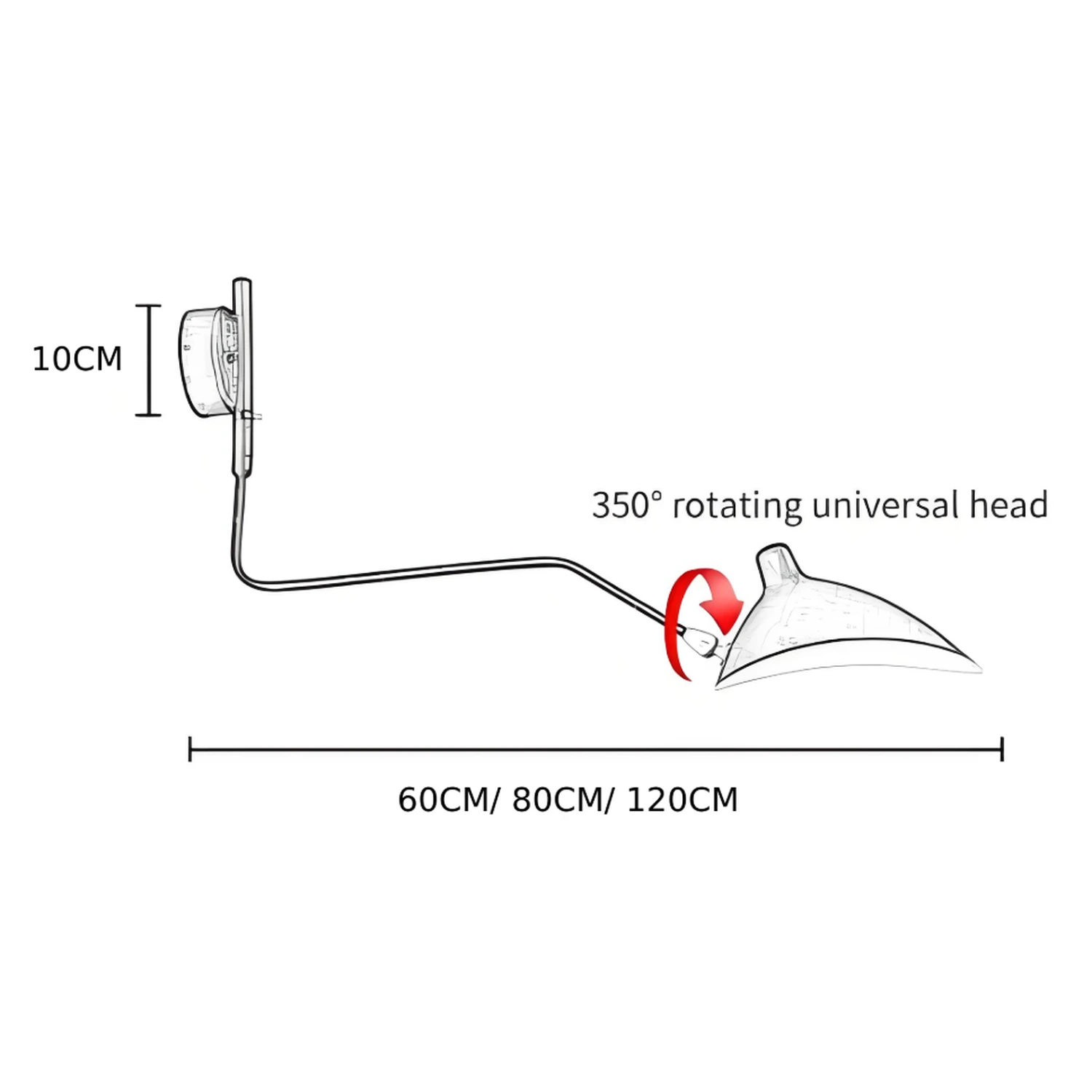 Size diagram, 1 head, 60, 80 or 120 cm, plate height 10 cm