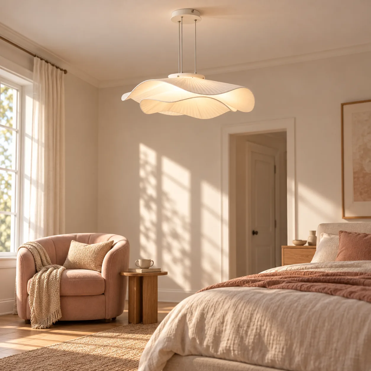 Pendant high above a bedroom, away from the bed