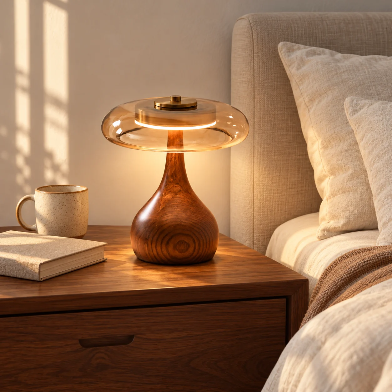 Short table lamp on a walnut nightstand