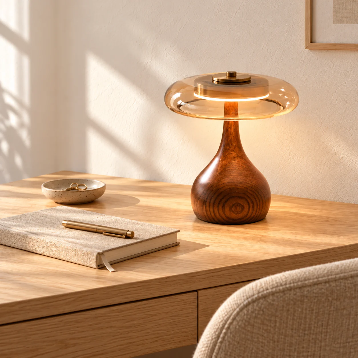 Short table lamp on a pale oak desk