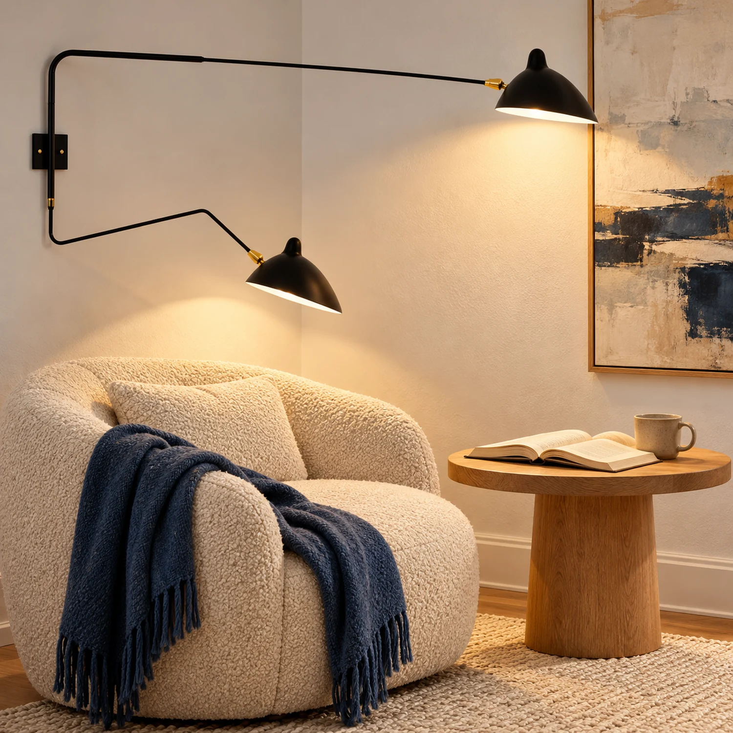 Black two-head wall lamp by a reading chair