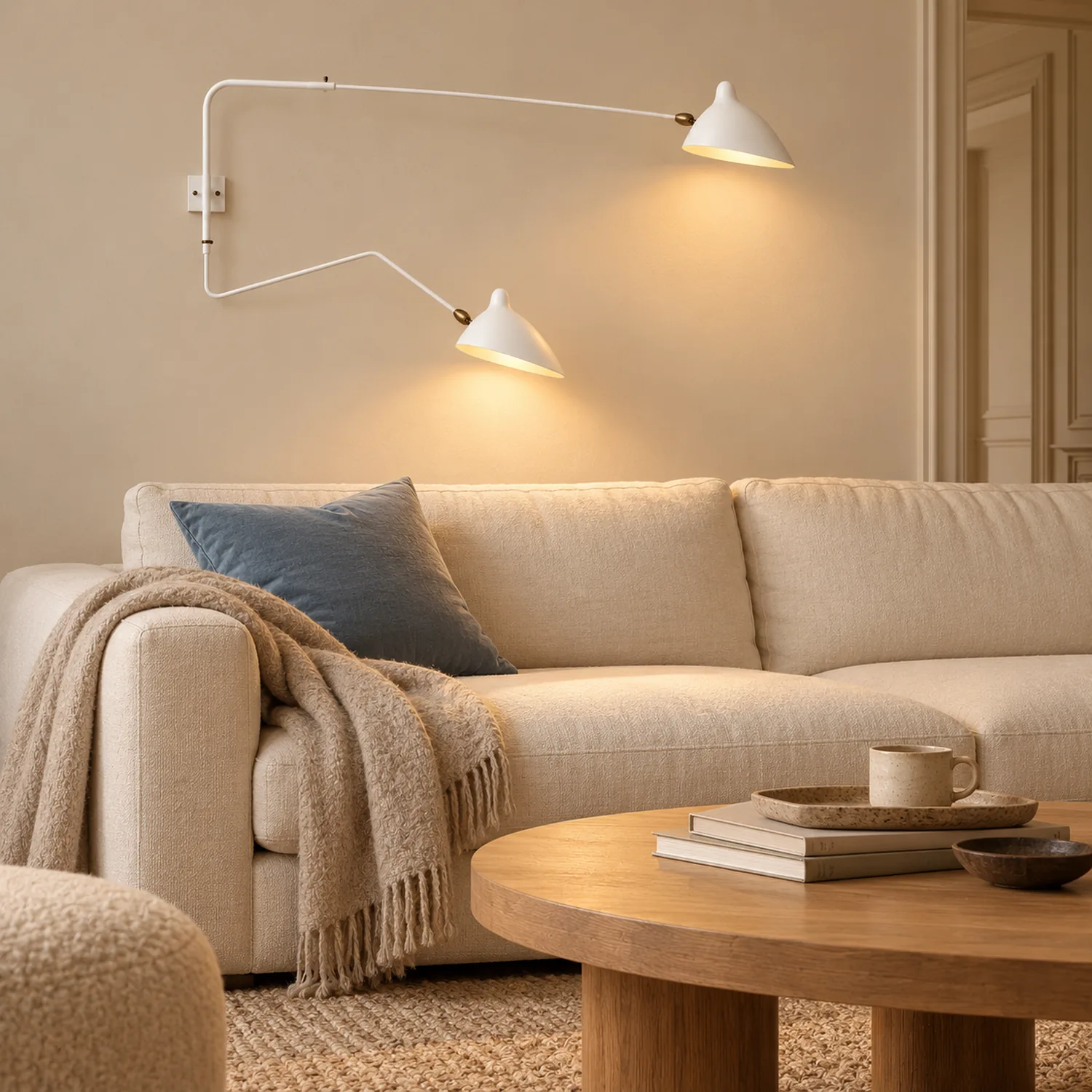White two-arm wall lamp in a living room