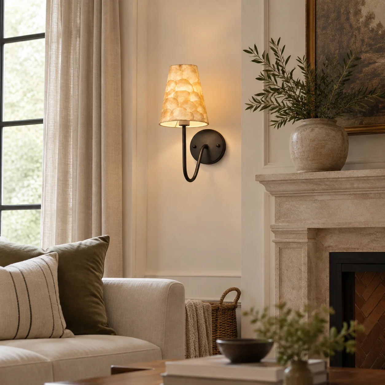 Matte black shell mosaic wall sconce in a living room