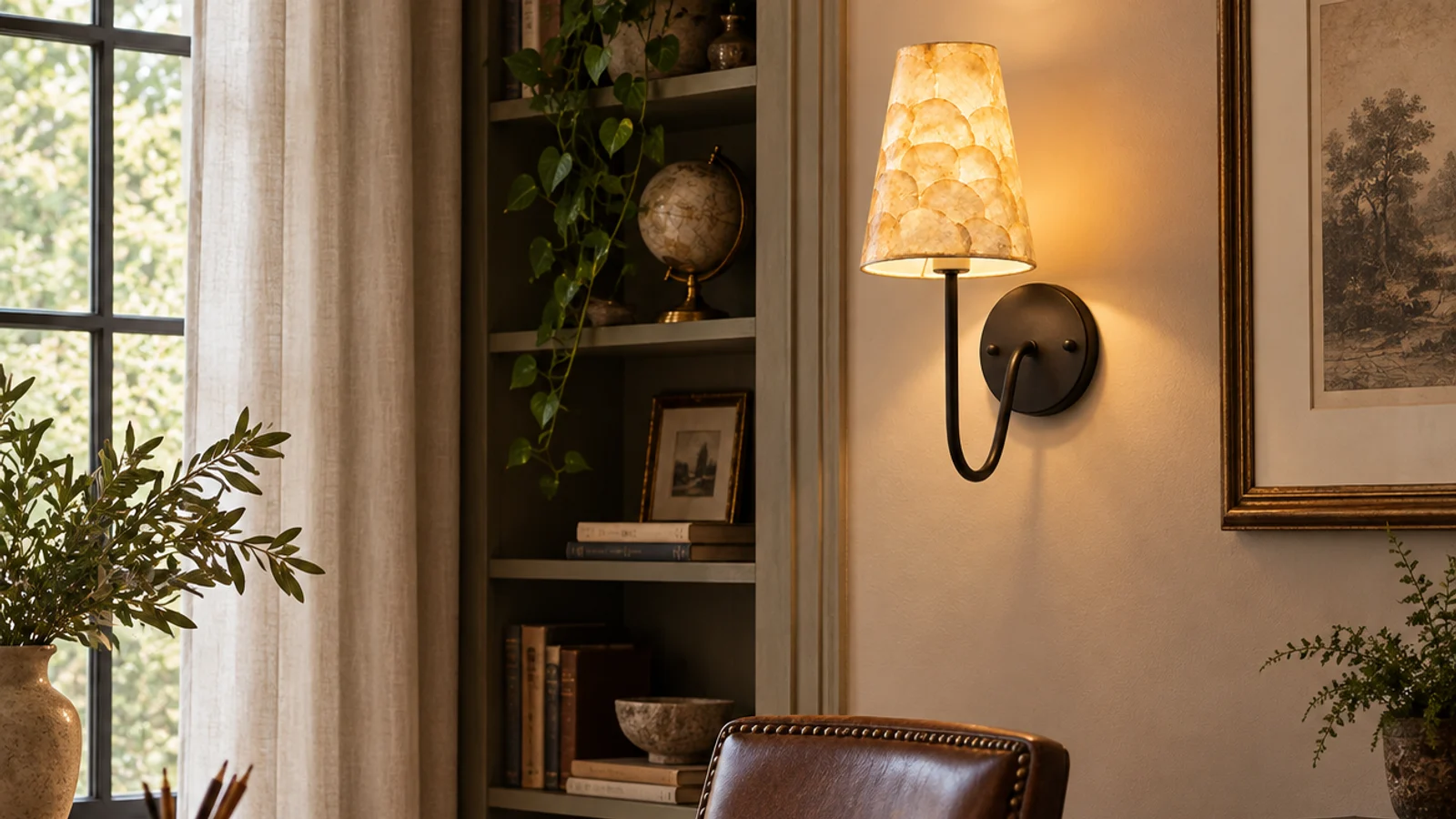 Matte black shell wall sconce in a warm home office