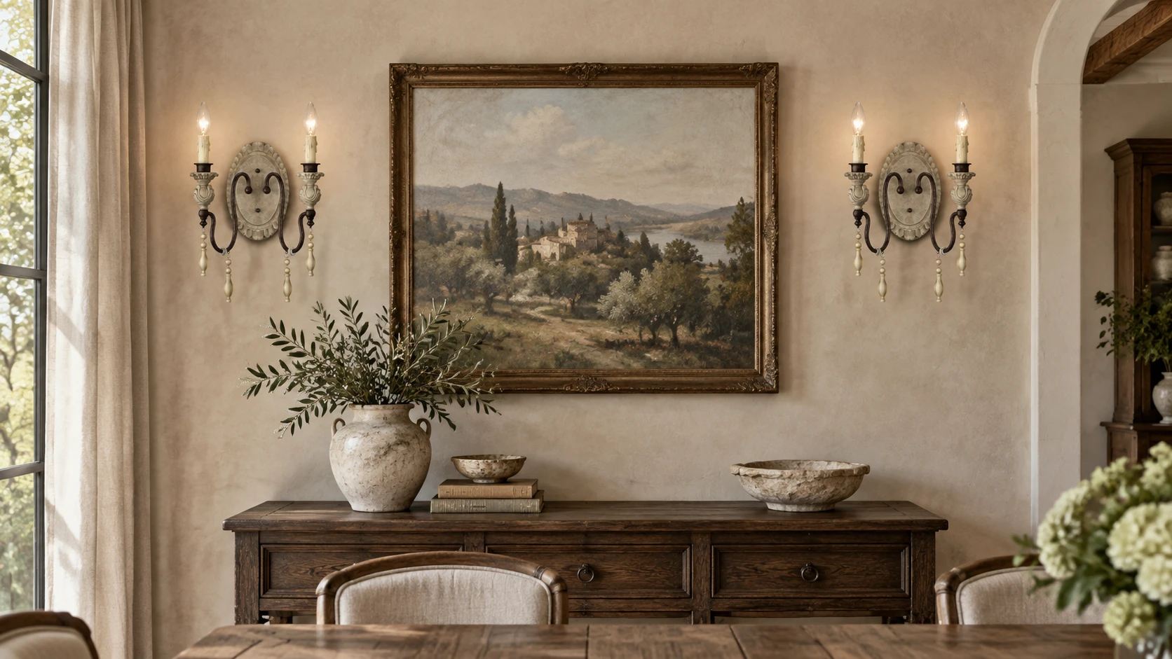 Two-light carved wood wall sconces framing artwork in a dining interior