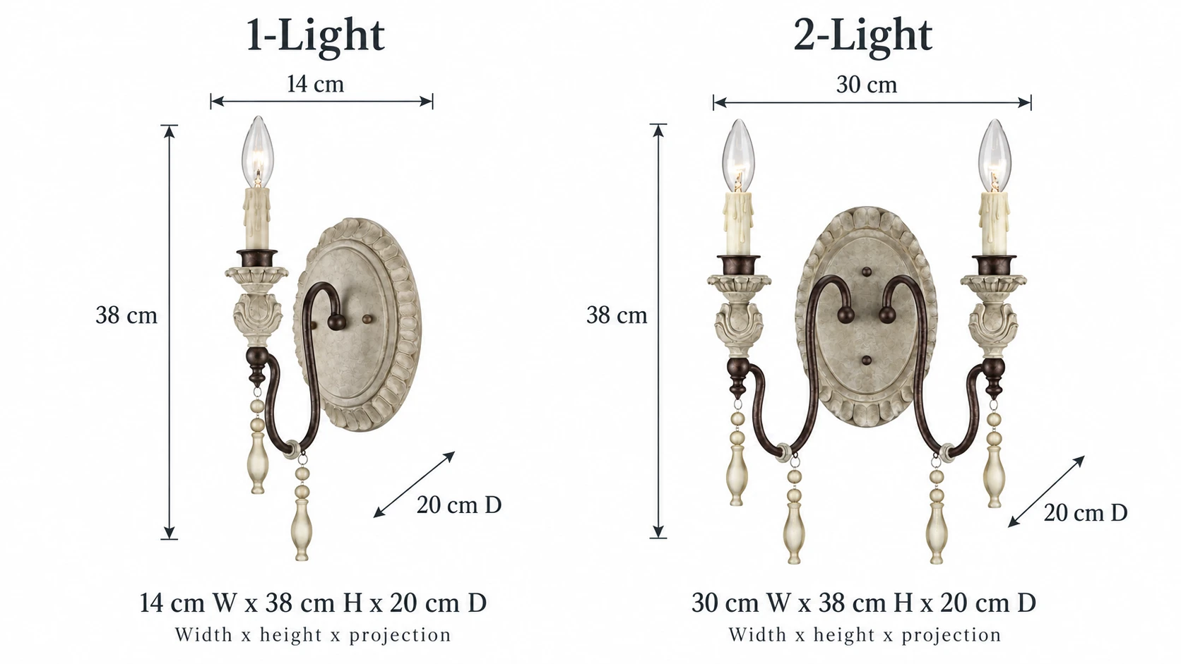 Verified dimensions for one-light and two-light wall sconces