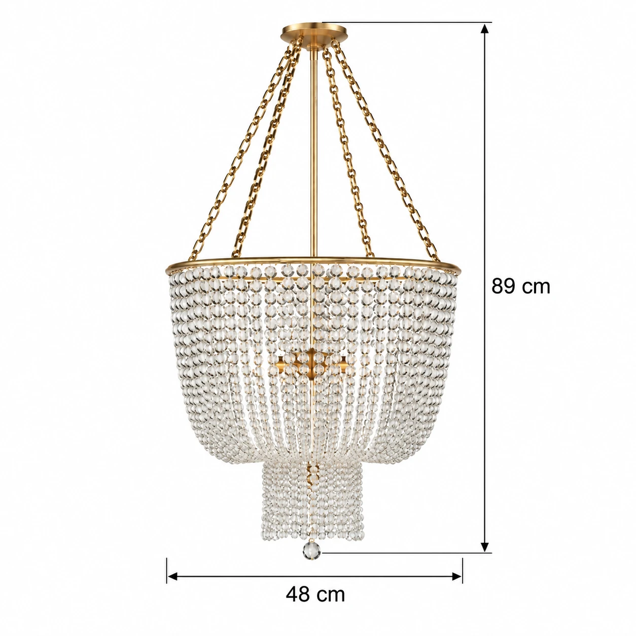 4-light chandelier dimensions: 48 cm wide by 89 cm high