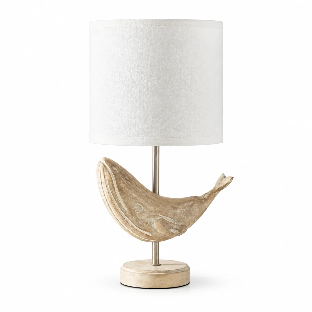 Whale carved wood lamp body with linen shade