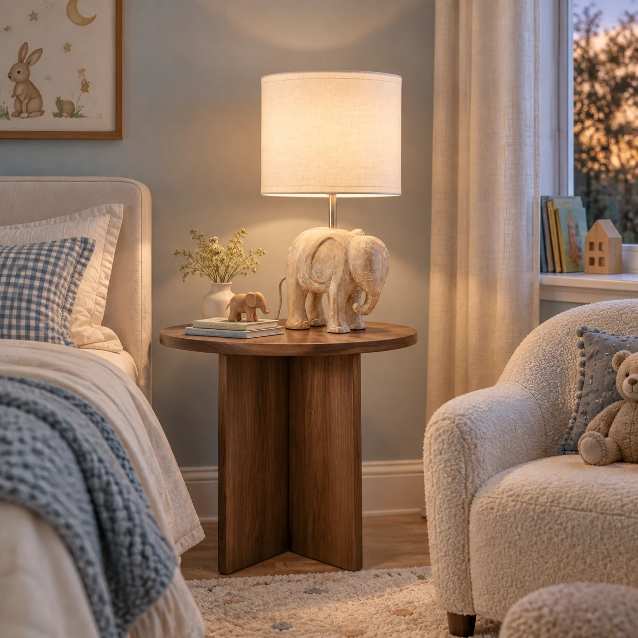 Elephant carved wood table lamp in a children's reading room