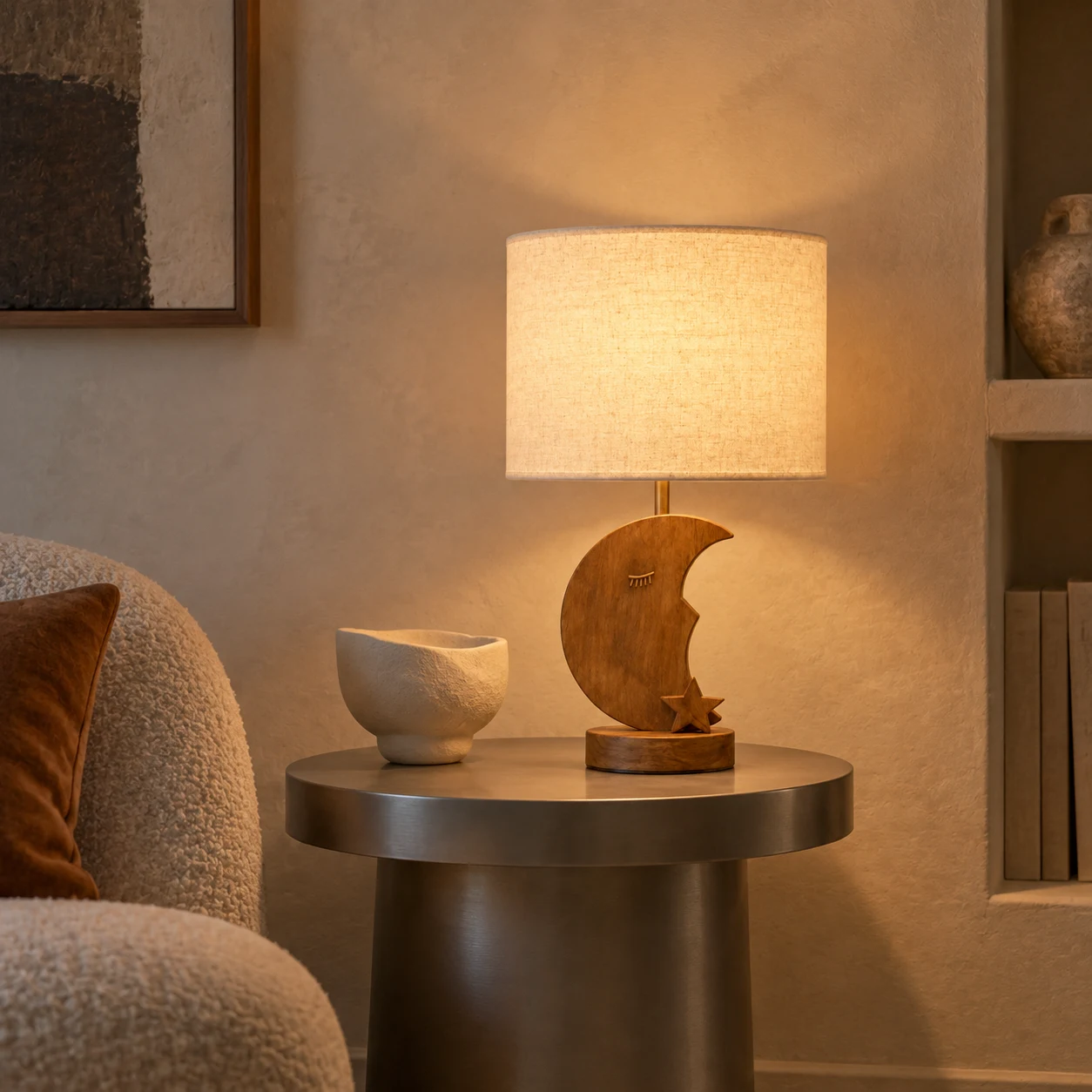 Moon carved wood table lamp in a quiet living room niche