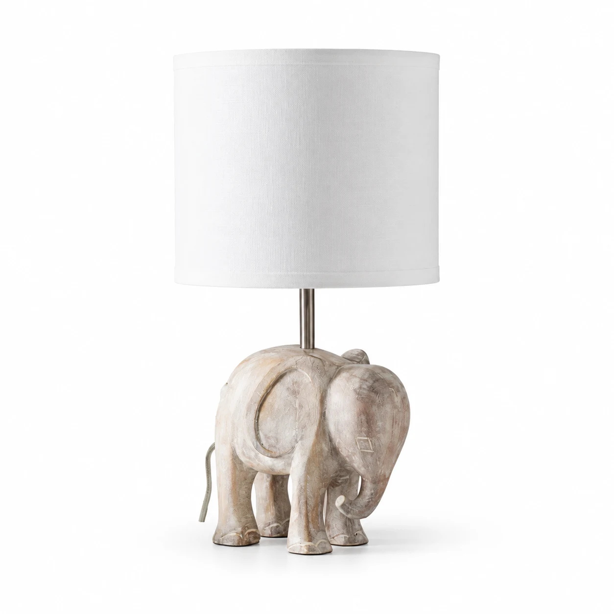 Elephant carved wood lamp body with linen shade