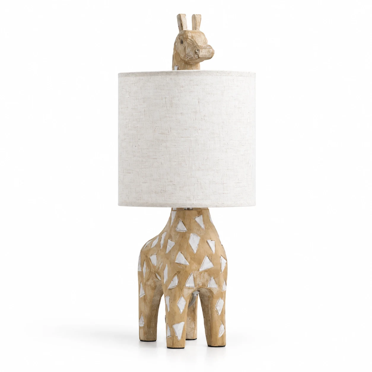 Giraffe carved wood lamp body with linen shade