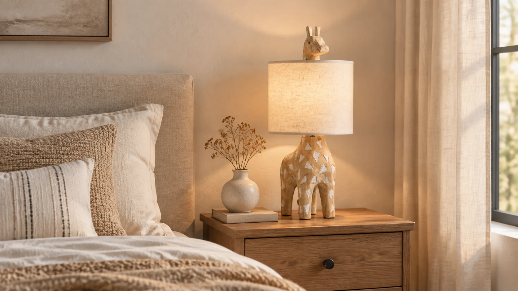 Giraffe carved wood table lamp beside an upholstered bed