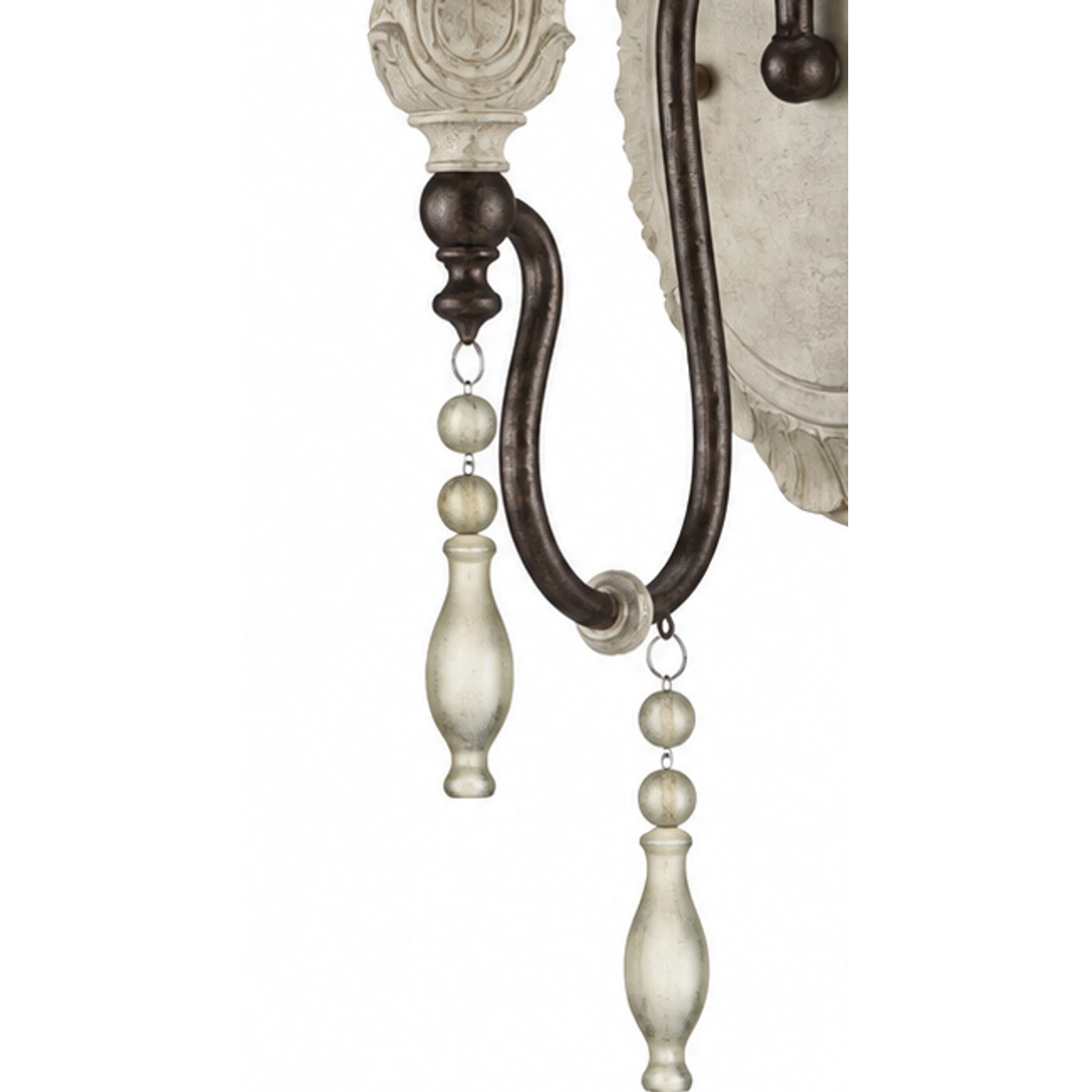Close view of the iron arm and hanging wood drops