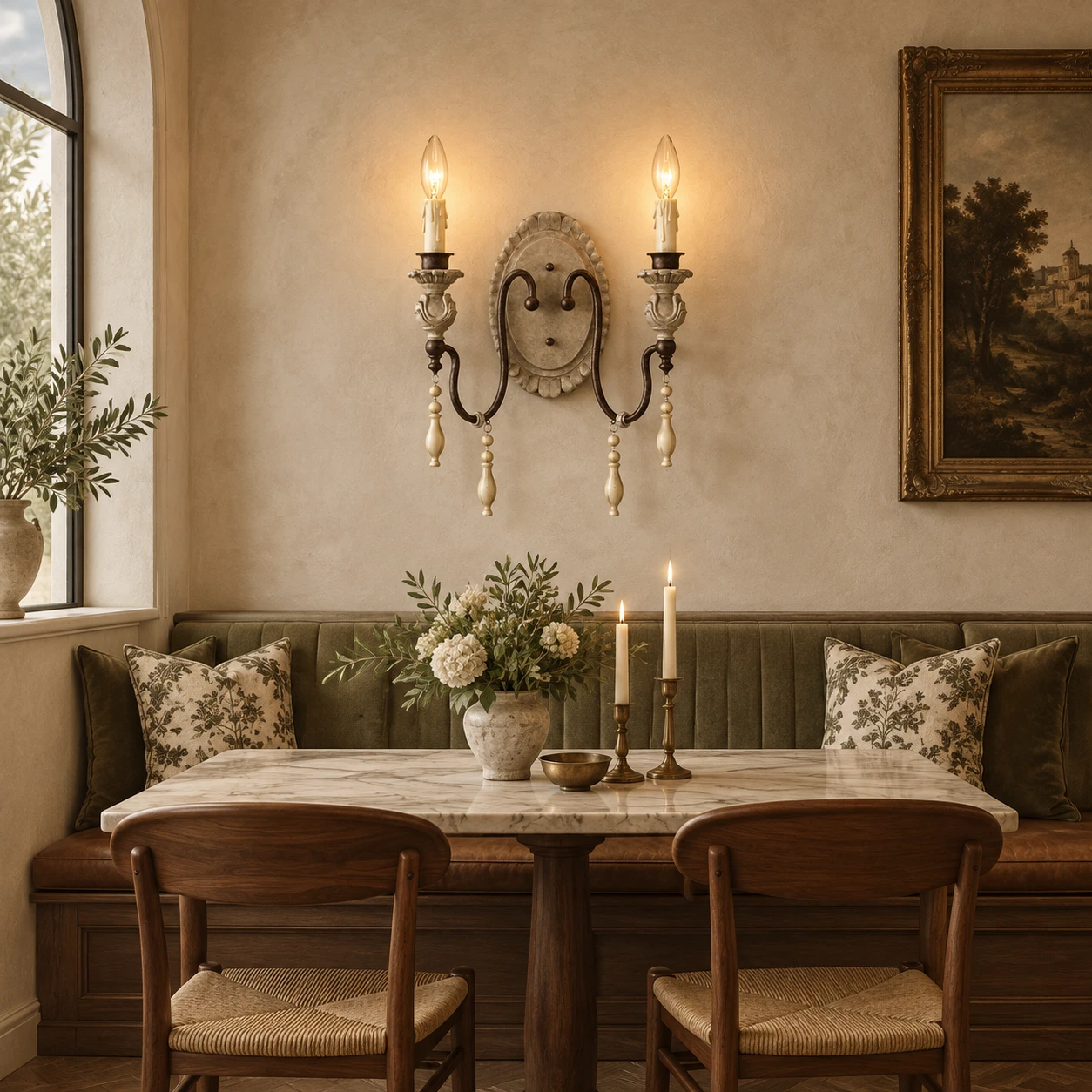Two-light carved wood wall sconce in a warm dining room