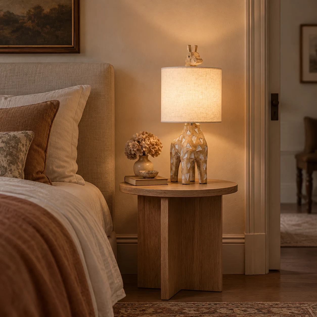 Giraffe carved wood table lamp beside an upholstered bed