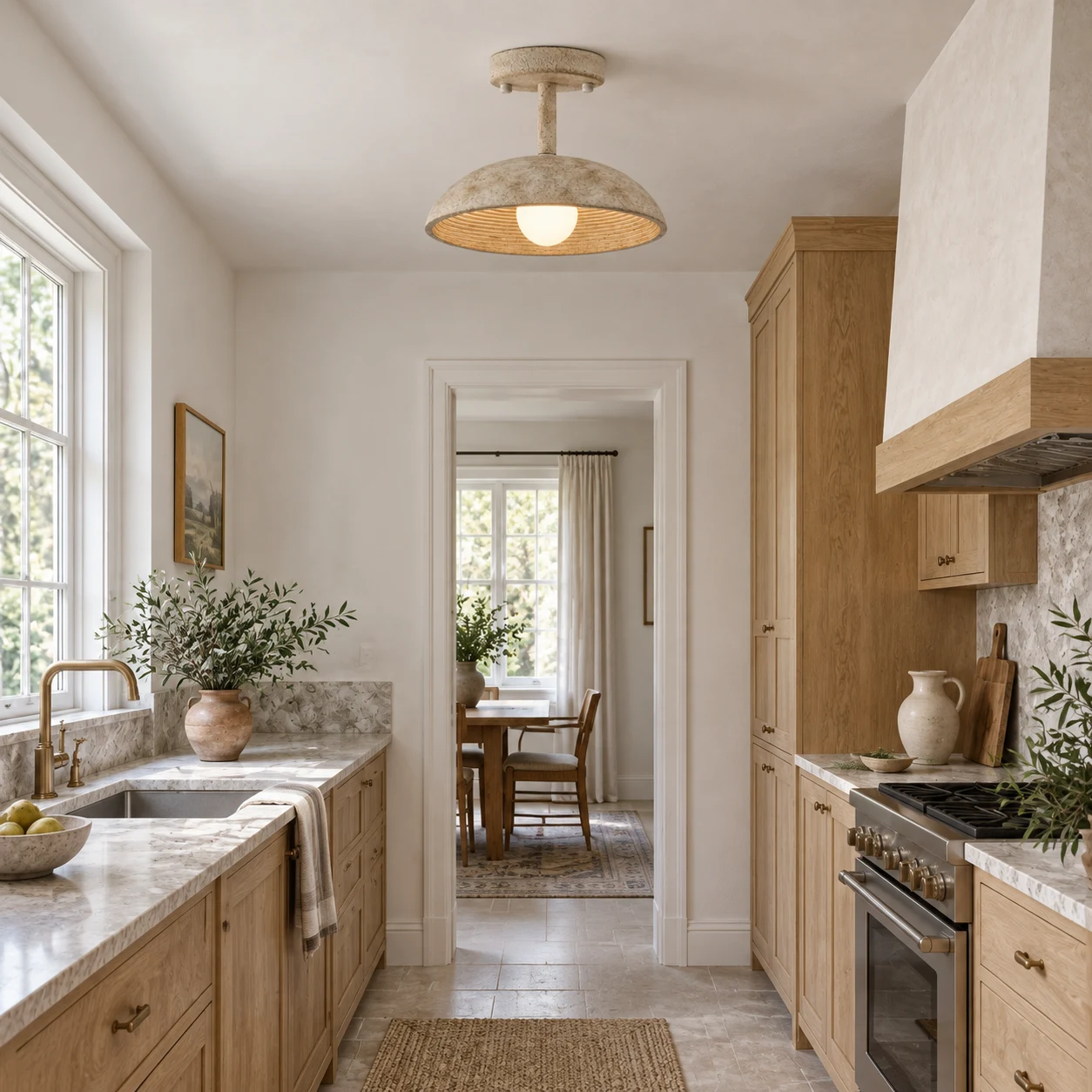 Clara flush mount ceiling light in a compact kitchen