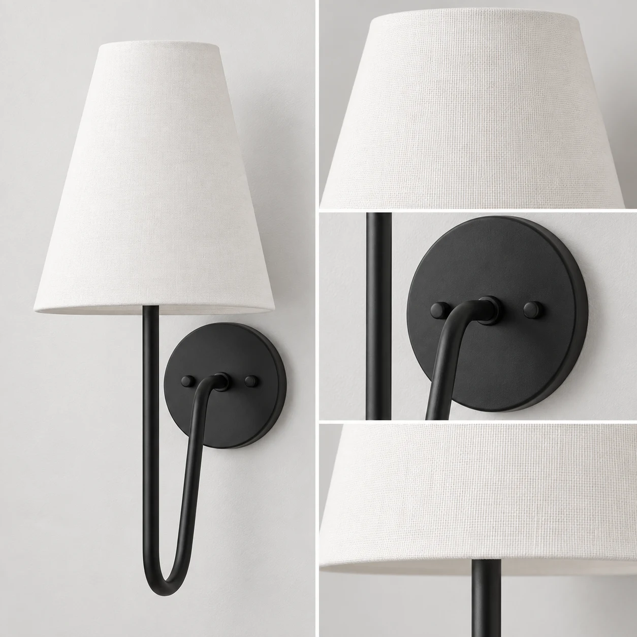 Plain fabric shade and matte black mounting details of the Mabel wall light