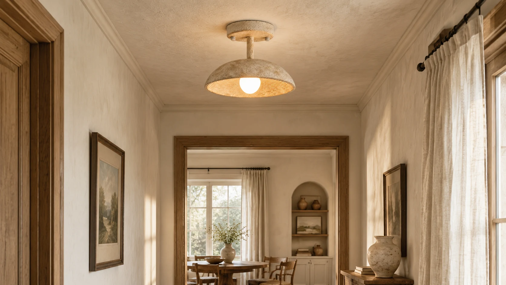 Clara textured resin flush mount ceiling light in a calm residential passage