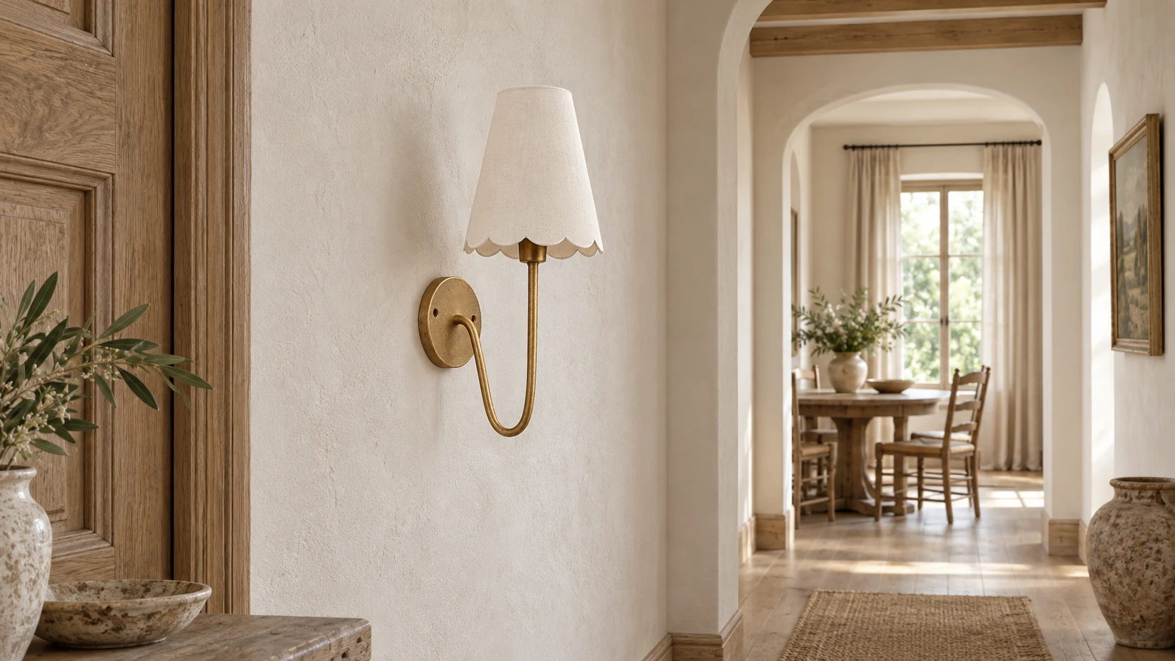Mabel vintage iron and fabric wall light in a calm residential corridor