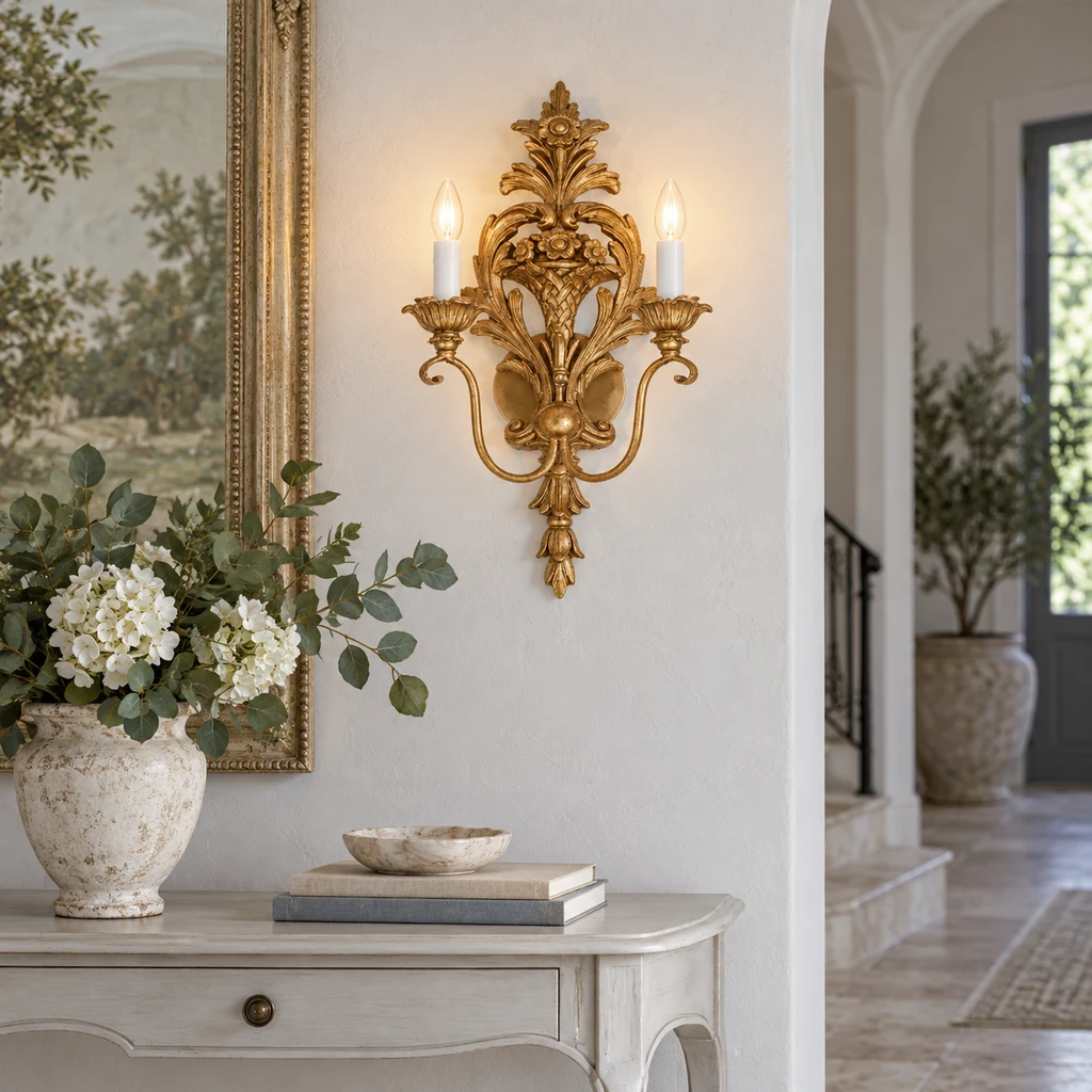 Amelie carved gold-finish wood wall sconce in a bright entry