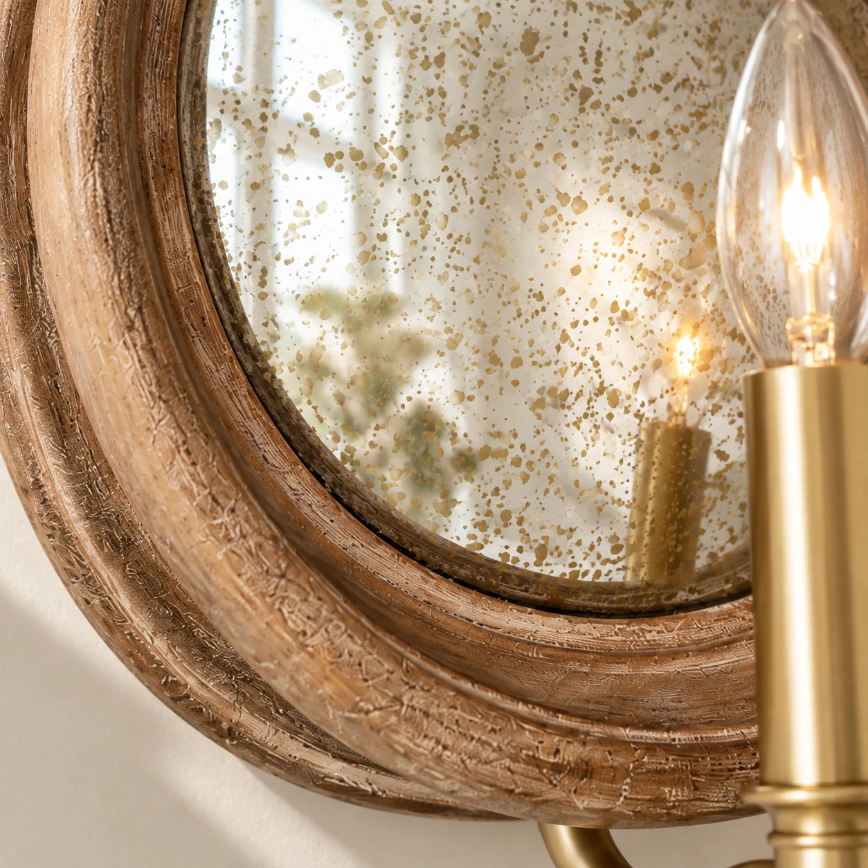 Close view of the antiqued mirror with fine gold speckles
