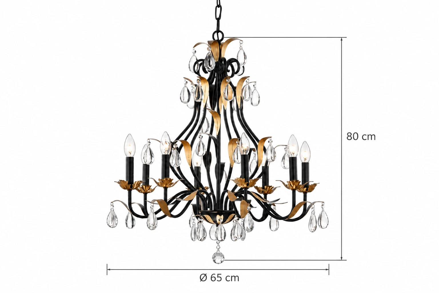 Chandelier dimensions: 65 cm diameter and 80 cm fixture height