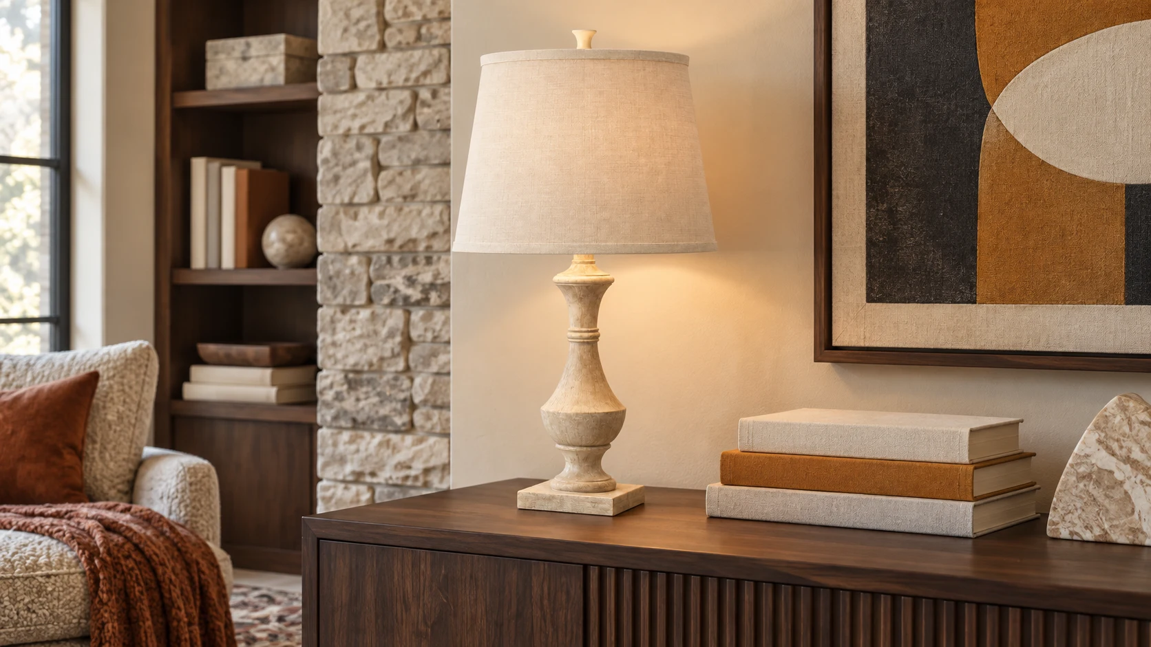 Elowen carved wood table lamp in a warm residential study