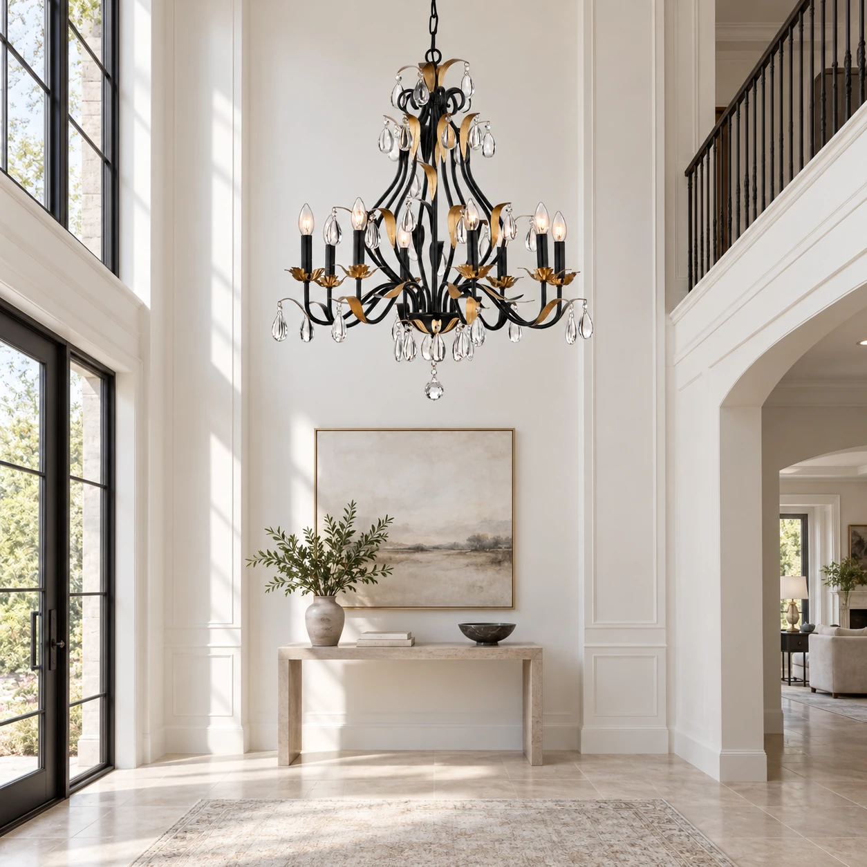 Black and gold crystal chandelier in a bright entryway