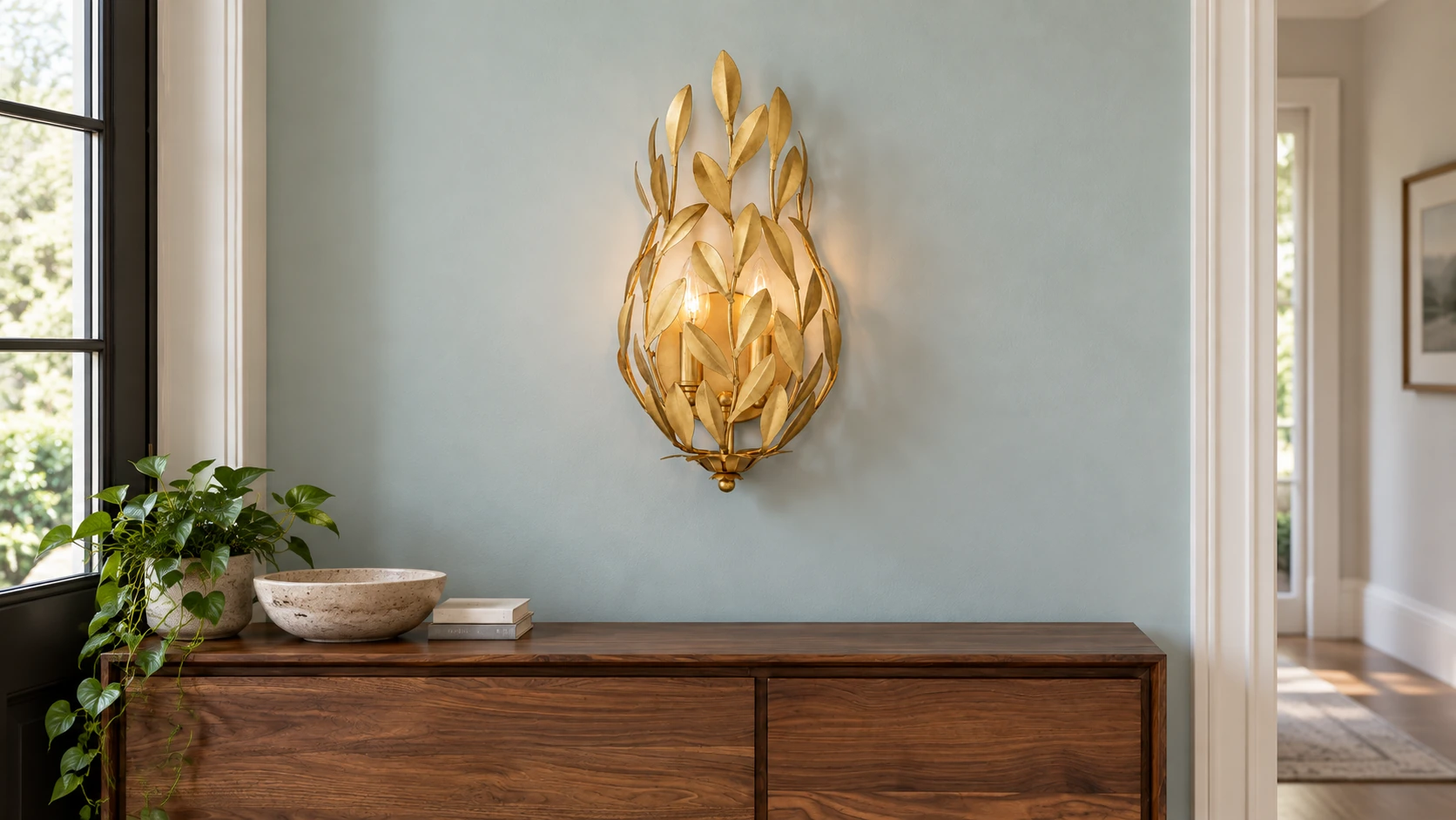 Gold Foil metal leaf wall sconce above a walnut sideboard in a bright entry