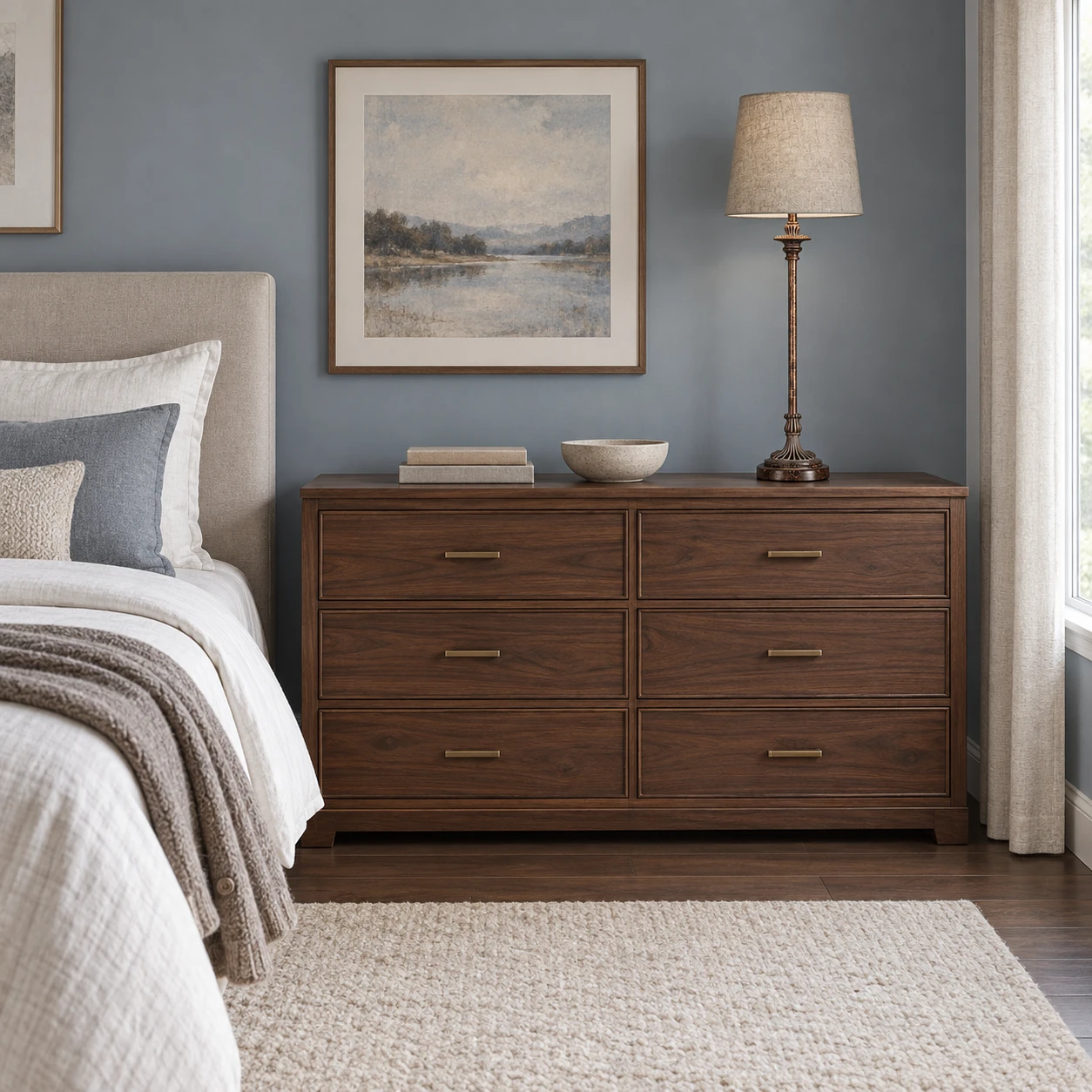 Tall Carved Wood Buffet Lamp on a bedroom dresser