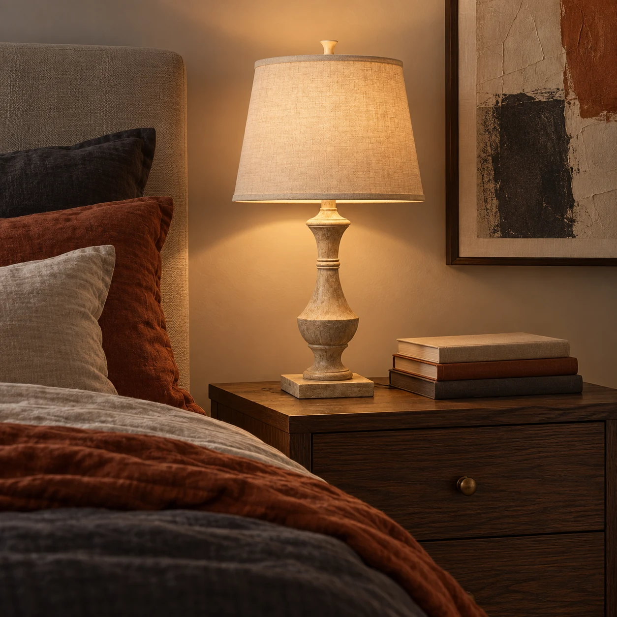 Table lamp on a bedroom nightstand