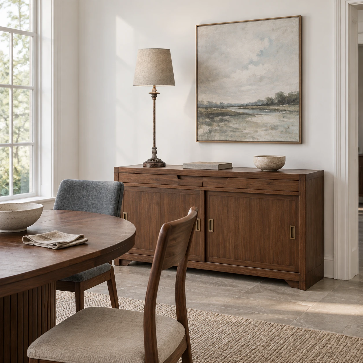 Tall Carved Wood Buffet Lamp on a dining sideboard
