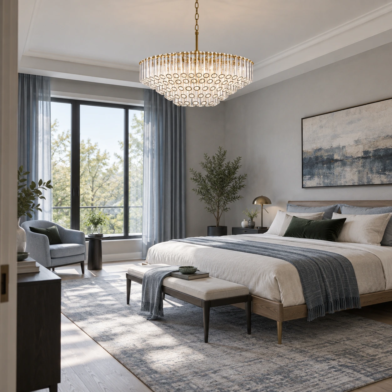 Camille crystal chandelier installed in a modern primary bedroom