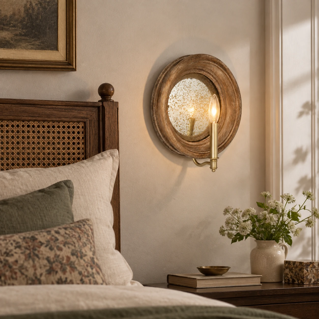 Carved wood mirror wall sconce in a softly lit bedside setting