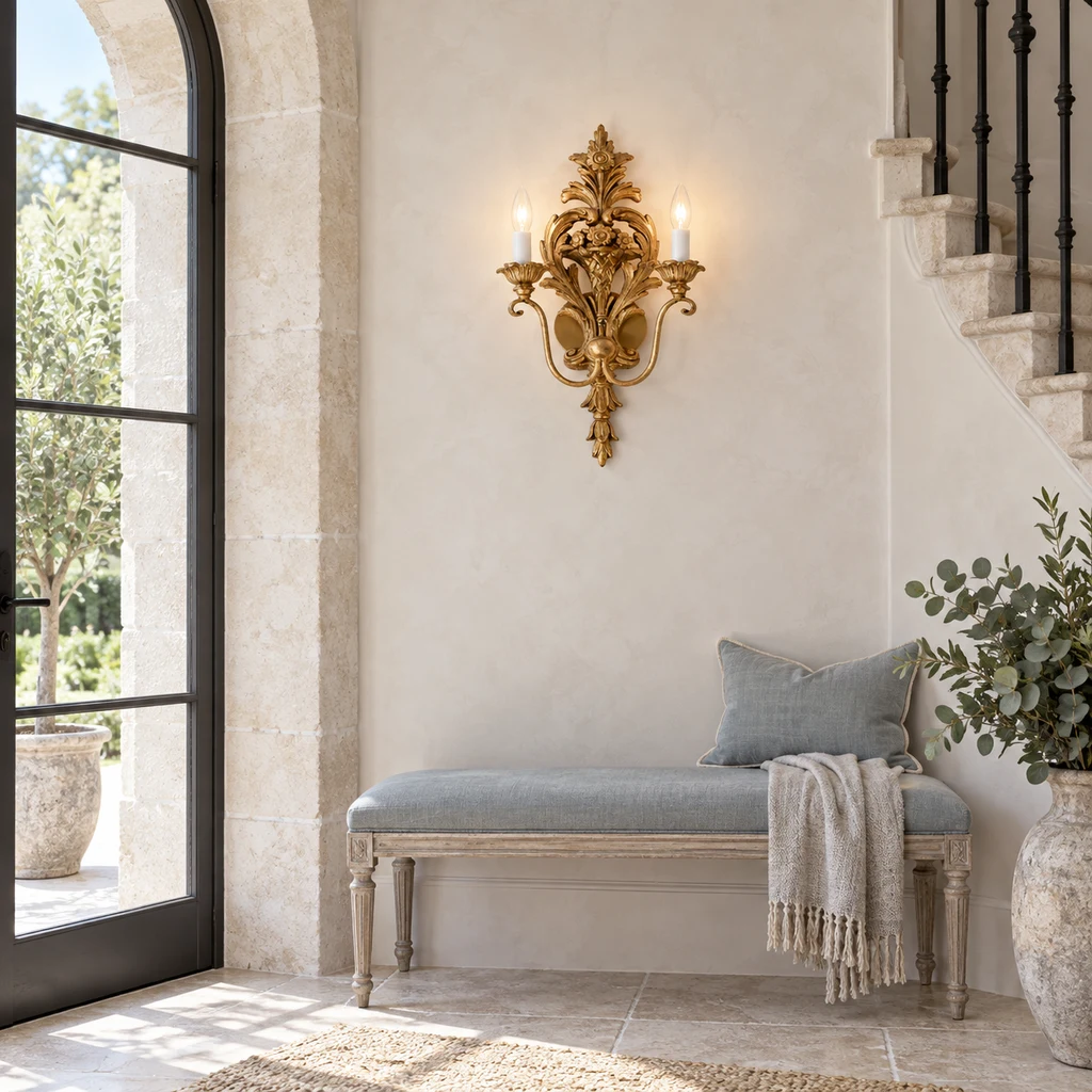 Amelie double-light wall sconce in a daylight foyer