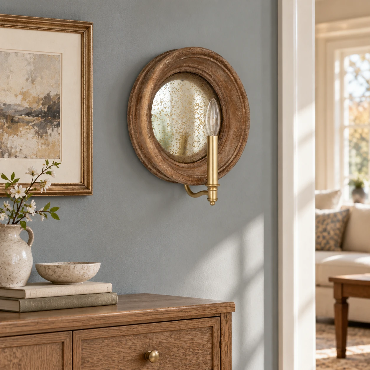 Vintage Carved Wood Mirror Wall Sconce in Living Room