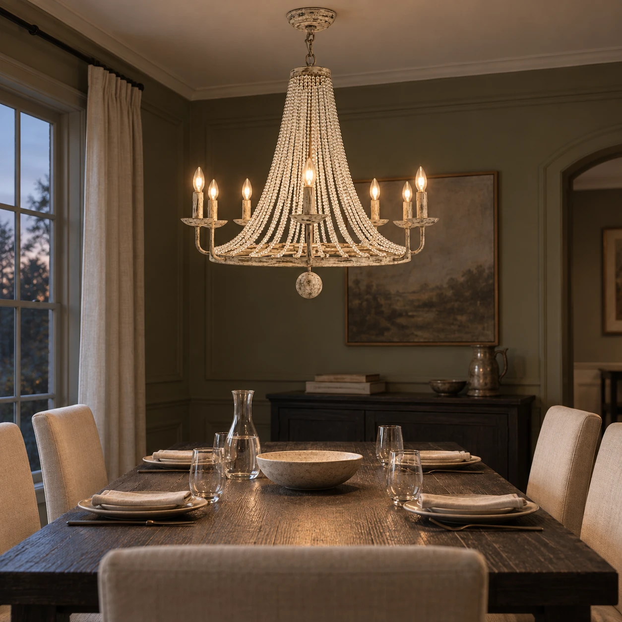 8-light chandelier in an olive dining room at dusk