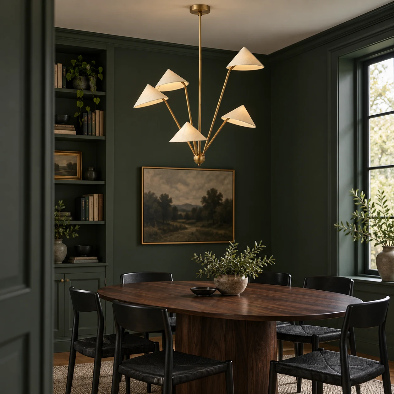 Five-light pendant above a dark wood table in a forest-green dining room
