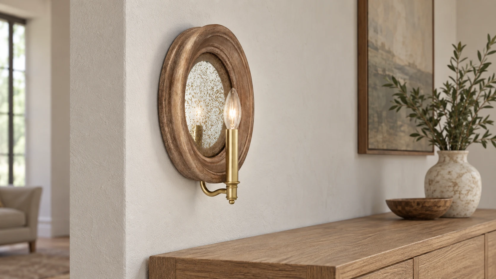 Left-facing wall installation of the carved wood mirror wall sconce above an oak console