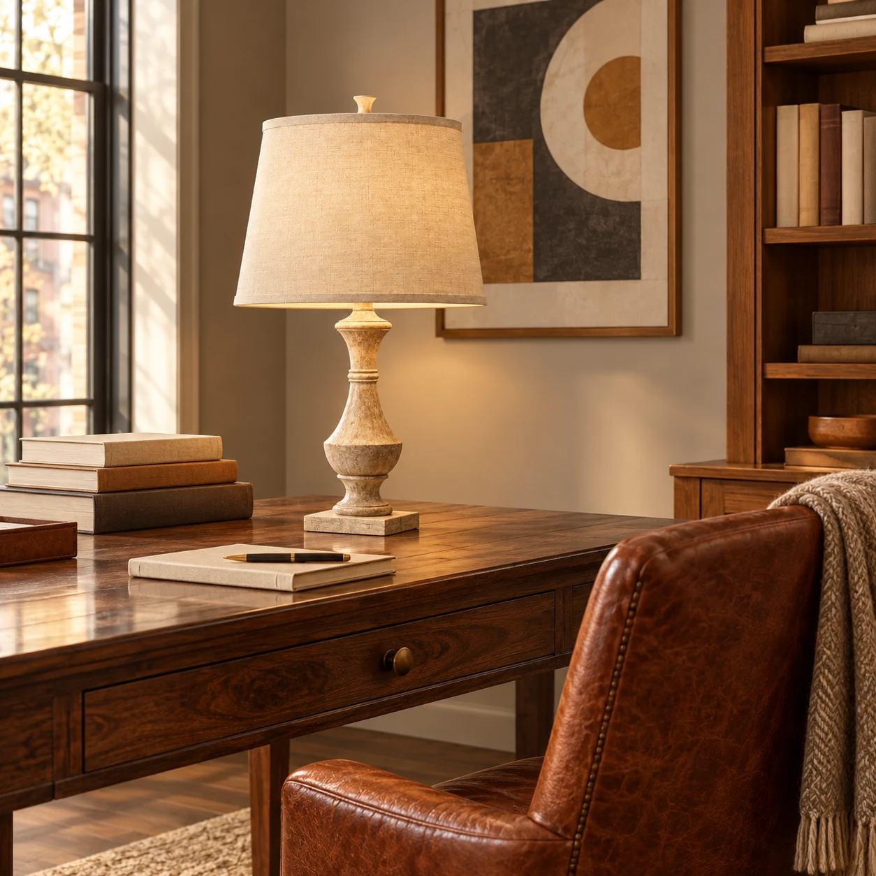 Table lamp in a lived-in home study