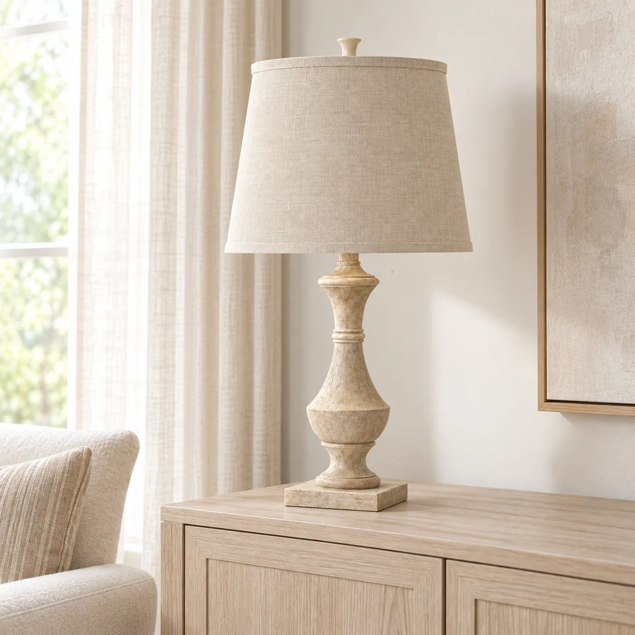 Table lamp on a living room sideboard