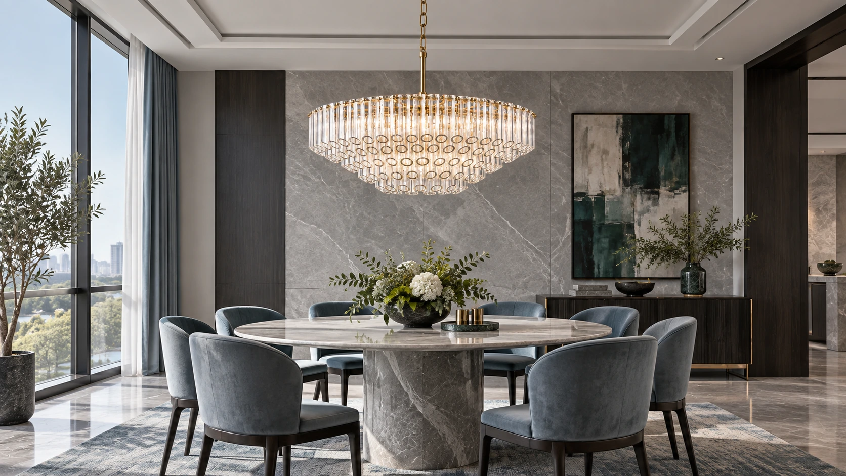 Camille crystal chandelier above a round dining table in a contemporary home