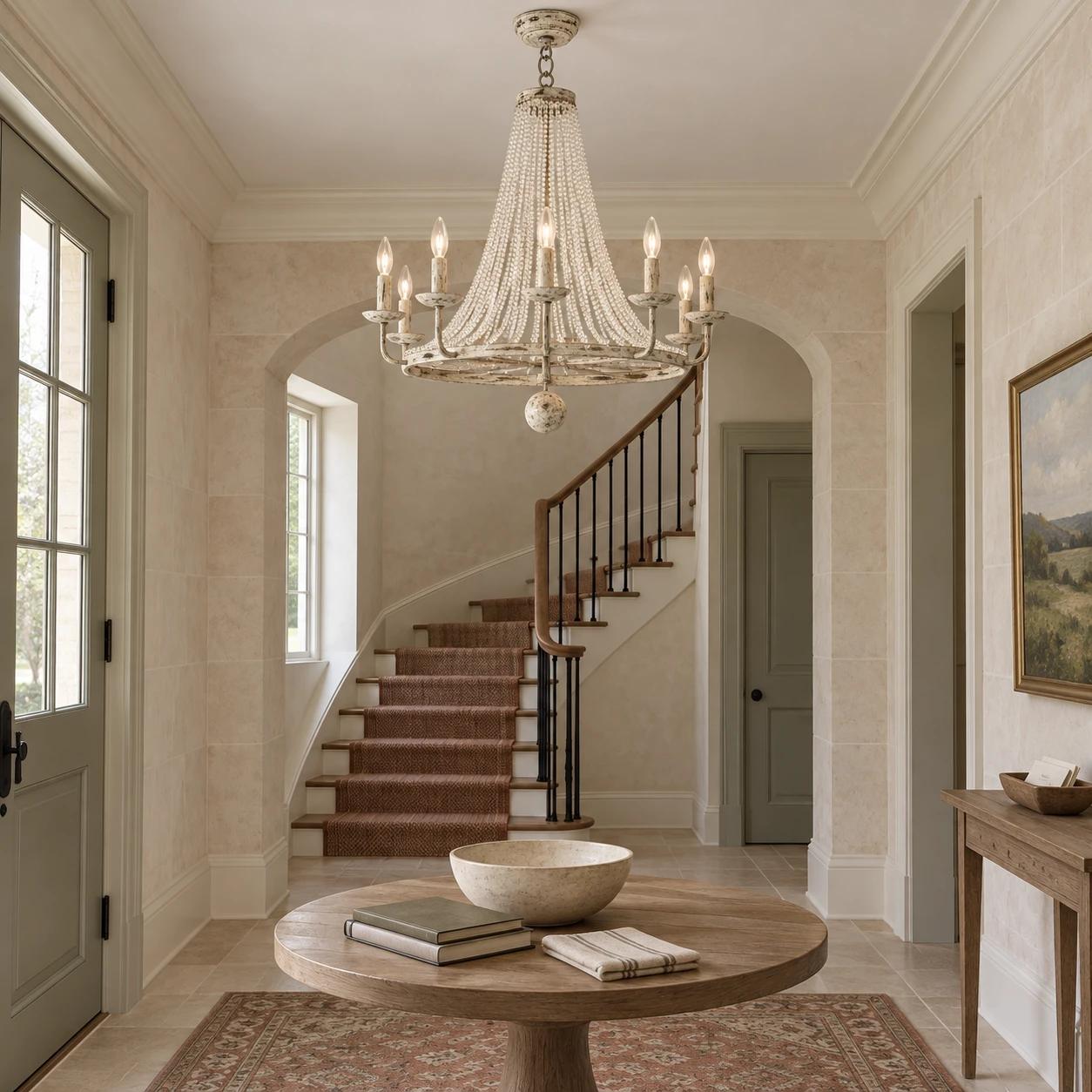 8-light Distressed Iron Crystal Bead Chandelier in a limestone foyer