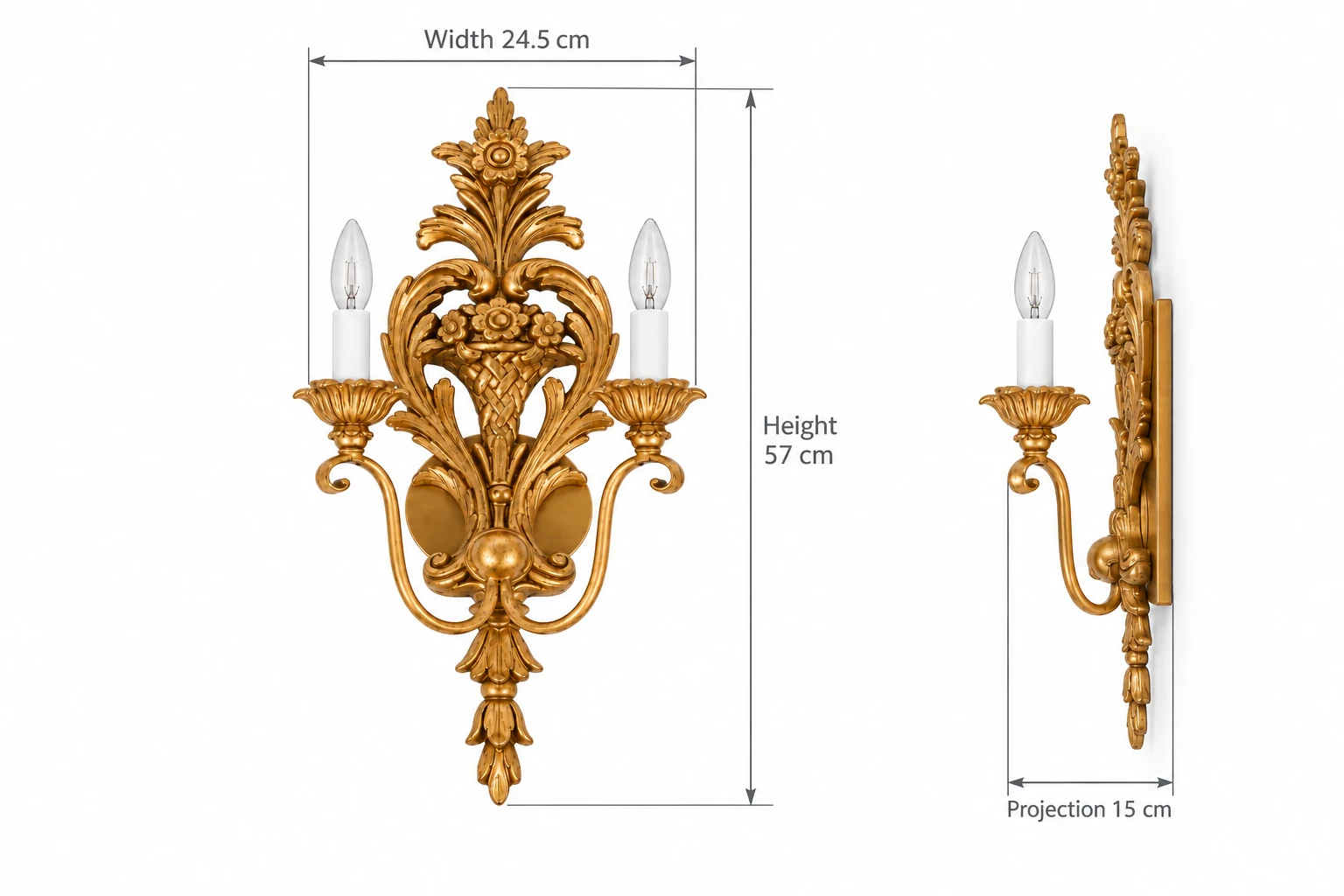 Amelie wall sconce dimensions: 24.5 cm wide, 57 cm high and 15 cm projection