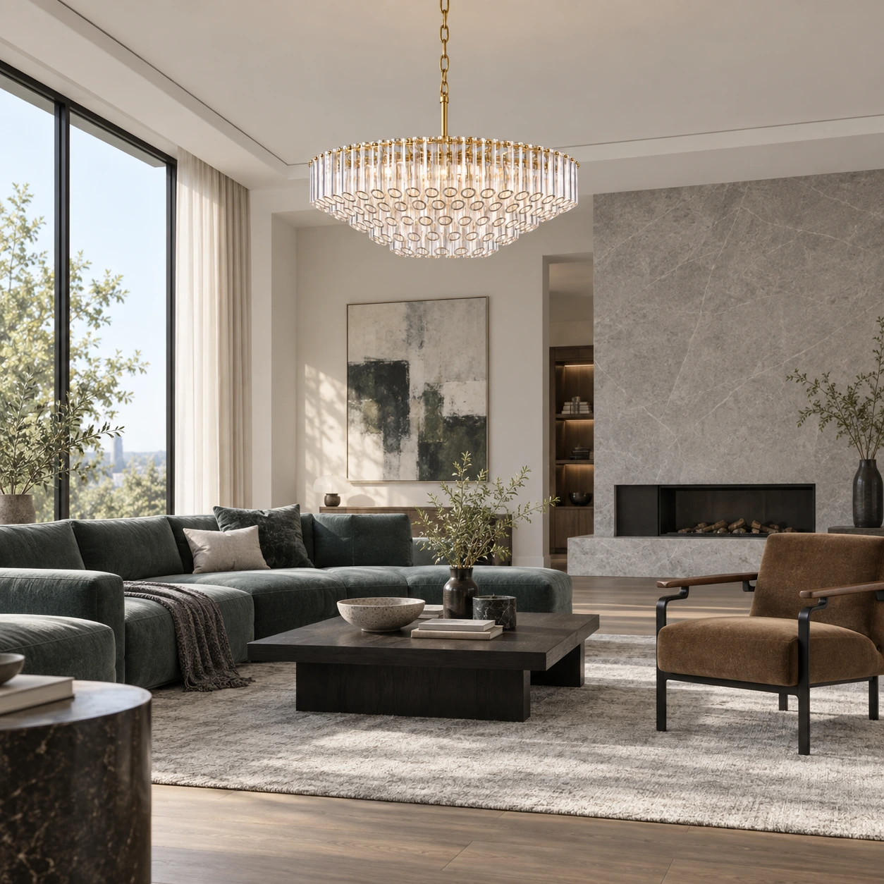 Camille crystal chandelier installed in a modern living room
