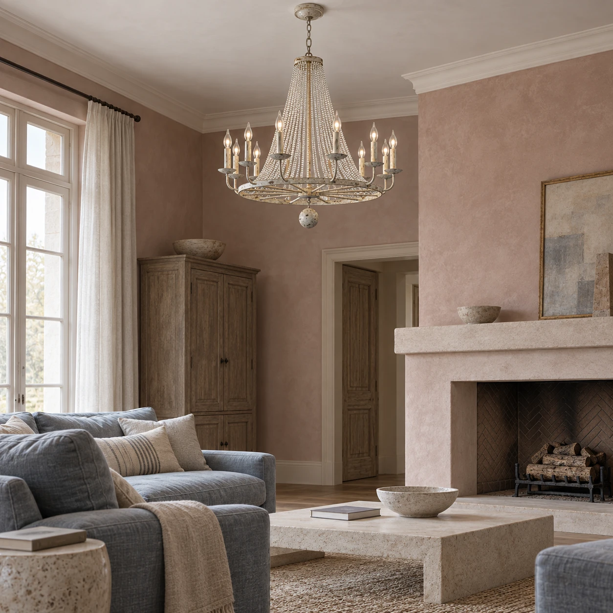 12-light Distressed Iron Crystal Bead Chandelier in a dusty rose living room