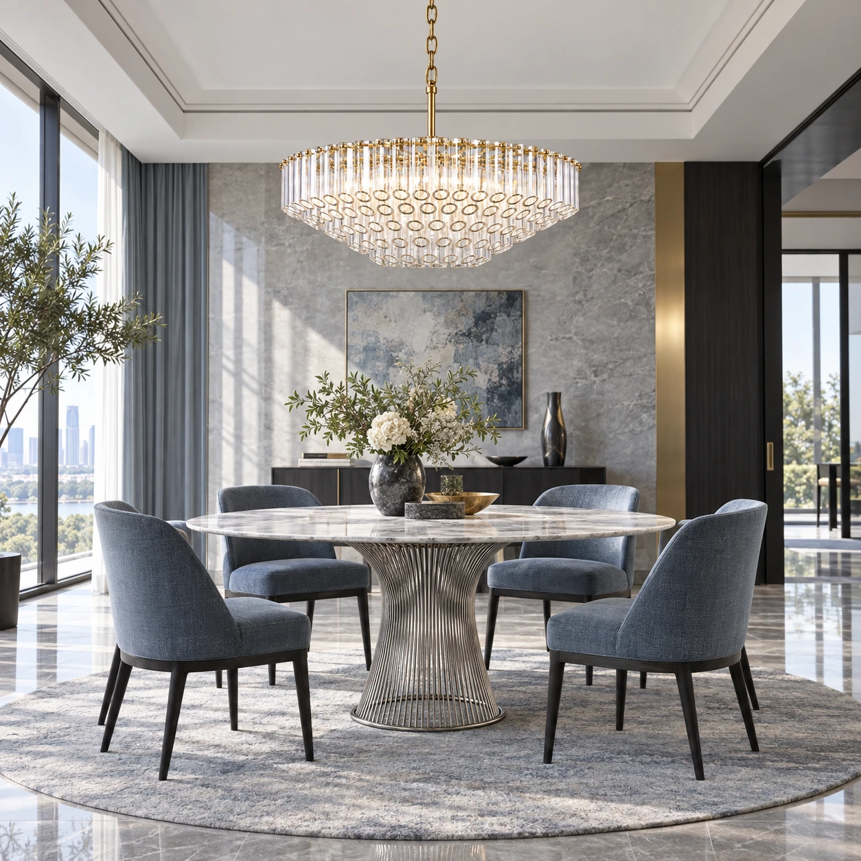 Camille crystal chandelier installed above a dining table